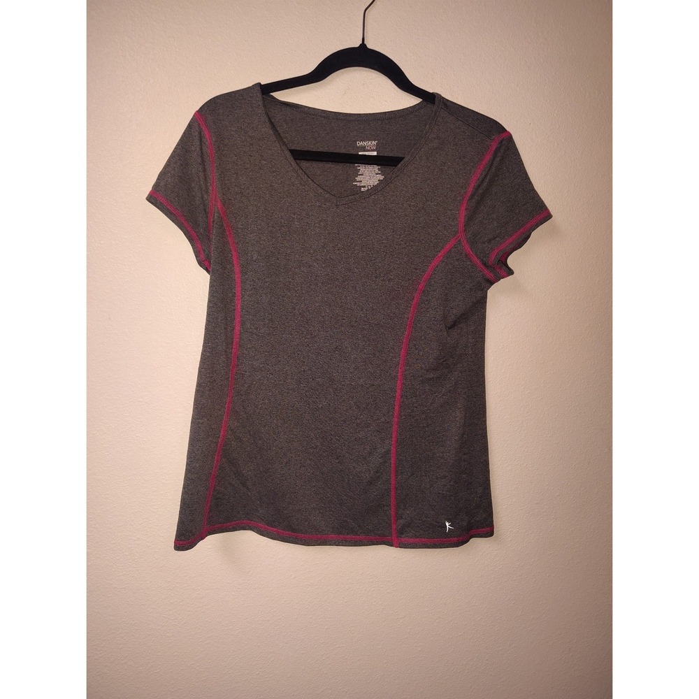 Danskin Now‎ Womens Grey Pink V-Neck Activewear T-Shirt L DNL14008
